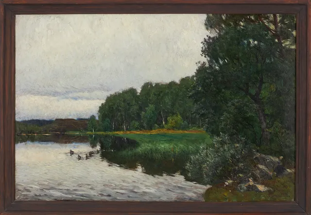 OLOF ARBORELIUS. Sjölandskap med änder, signerad Olof Arborelius, olja på duk, ca 71x105 cm.