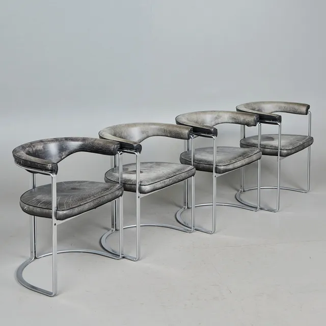 HORST BRÜNING. Kill International, vier Stühle / Esszimmerstühle, Leder, Stahl, 1968, Deutschland (4).