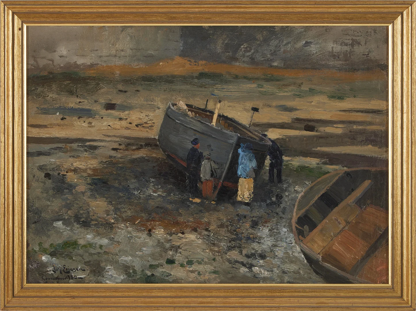 JOHAN ERICSON (1849-1925). "Concarneau", motiv från Bretagne, strandparti med båtar, olja på duk, signerad Joh. Ericson, 1880. — Paintings — Stockholms Auktionsverk Magasin 5