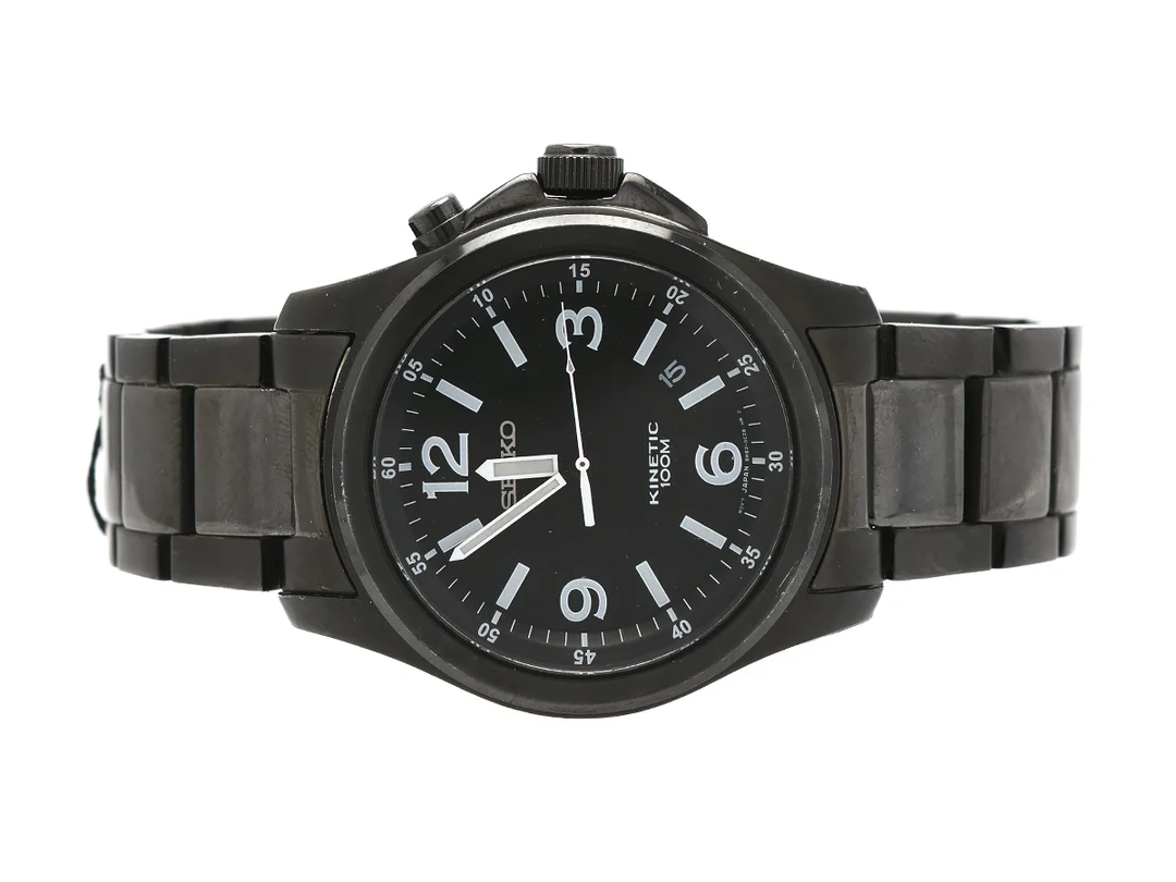 SEIKO, Kinetic (100M), Cal 5M62A, Serie nr. 080877, Ref nr. SKA465P1, Boett nr. 5M62-0CH0, herrur, 41 mm, svart stål, kinetic, hardlexglas, datum, skadad urtavla, glasbaksida, originallänk, viklås, Ref nr. 4A4N2-B1, ca 2010, box, ytterkartong. — Klockor/Seiko — Kaplans