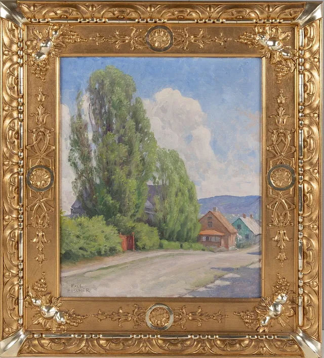 PAUL FISCHER. "Agardhsgatan, Båstad", olja på duk.