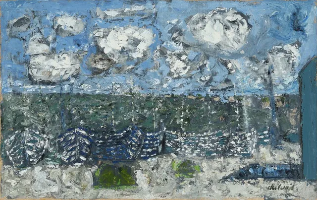 “Hav og skibe, Thy”, 1967. Signed Ekelund. Oil on canvas. 50×80 cm.