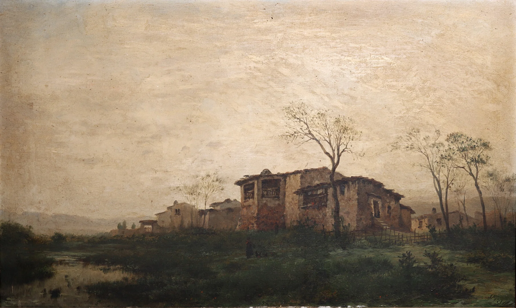 ESCUELA CATALANA SIGLO XIX. FIRMA ILEGIBLE. PAISAJE RURAL CON MASÍA, ÓLEO SOBRE LIENZO. — Paintings — Barcelona Auctions
