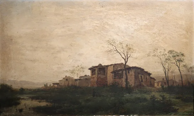 ESCUELA CATALANA SIGLO XIX. FIRMA ILEGIBLE. PAISAJE RURAL CON MASÍA, ÓLEO SOBRE LIENZO.