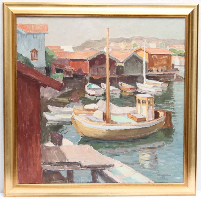 ELLIS WALLIN. "Den lilla hamnen" (Grundsund). Olja på duk, signerad -51.