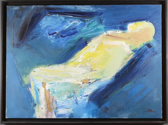 OLLE CARLSTRÖM. "Figur vilande i landskap", olja på duk, signerad och daterad 1964.