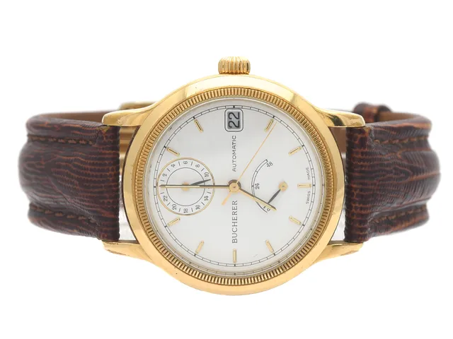 BUCHERER, herrur, 34,5 mm, Cal ETA 2892-2, Boett nr. 2892.9035.501, doublé (10 micron), automatisk, safirglas, datum, 24-timmarsvisning, gångreservsindikator, renoverad urtavla, skadad urtavla, skadad boett, glasbaksida, läderband, viklås (ej original), ca 1995.