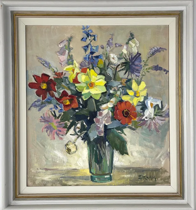 OIDENTIFIERAD KONSTNÄR, möjligen Erik Kylberg (1882-1947), olja på pannå, blomsterstilleben, signerad EK samt daterad -44.