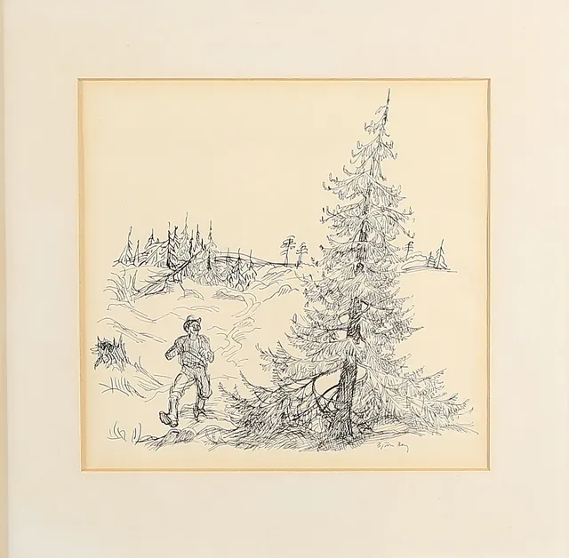 BJÖRN BERG. Man gående i skogsmiljö, tuschteckning, signerad.
