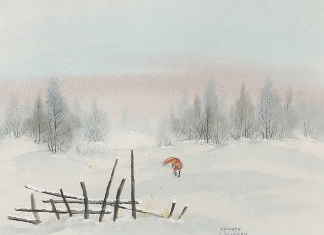 KENNETH LINDGREN. Räv i vinterlandskap, akvarell, signerad.