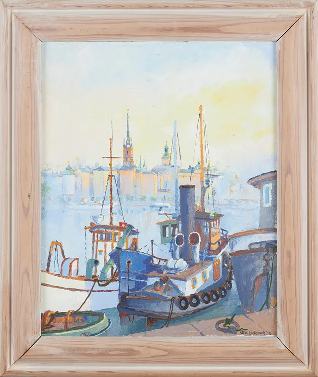 STIG EH ROUSK (FÖDD 1934). Stockholmsmotiv- " Vy från S Mälarstrand", olja på pannå, signerad Stig E H Rousk, á tergo daterad -91.