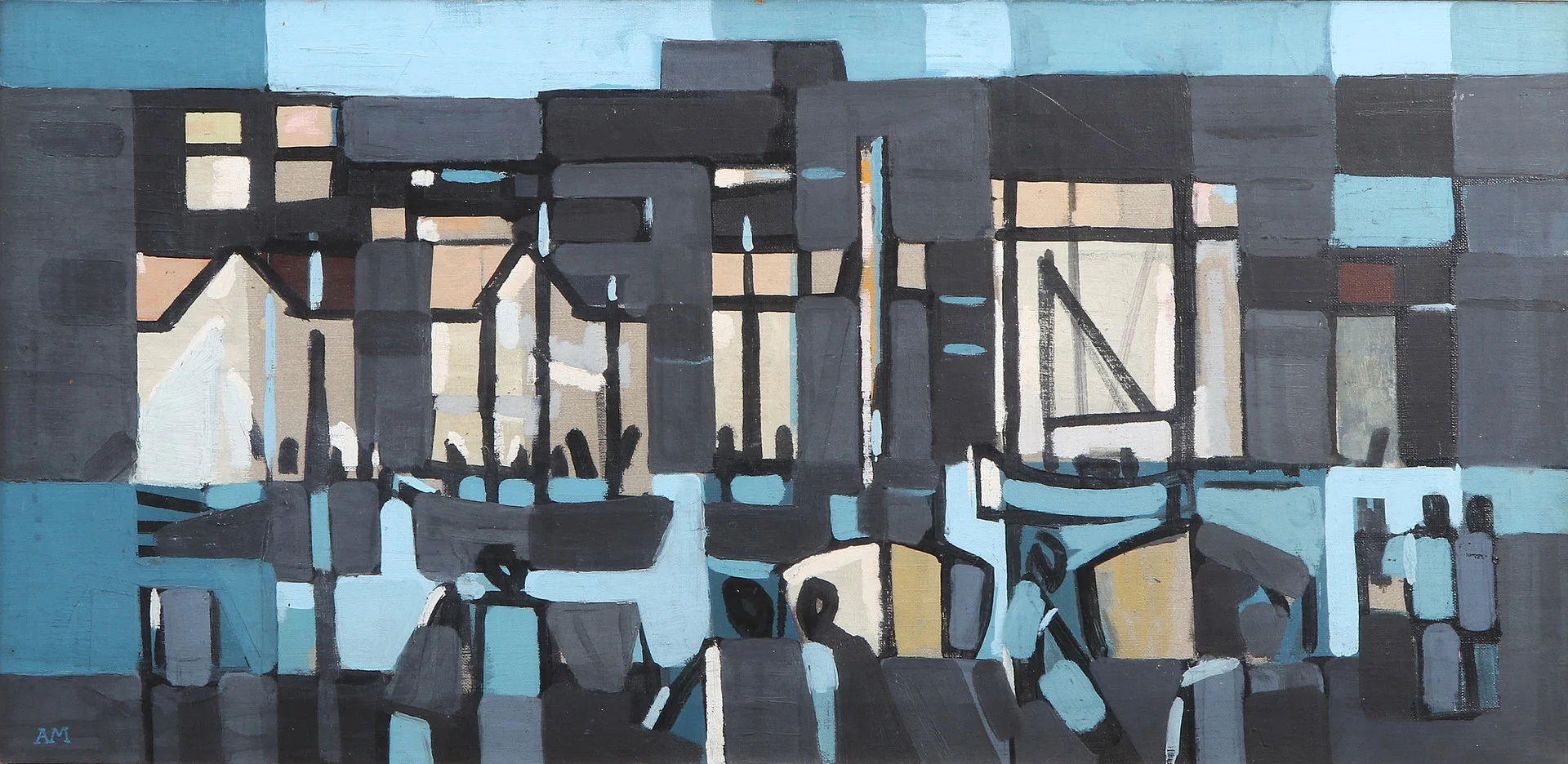 ARNE MALMBORG. Oljemålning på duk. Kubistiskt motiv från fiskeläge. Signerad A.M. — Paintings — Skånes Auktionsverk