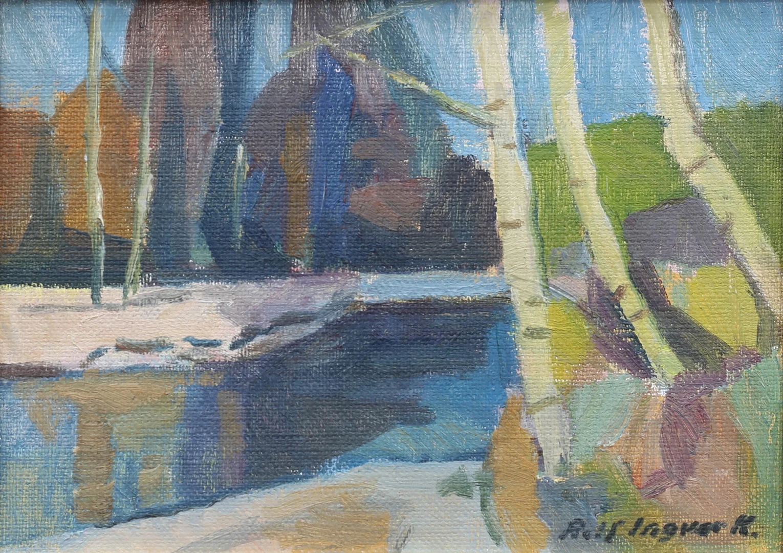 ROLF INGVAR KARLSSON. "Vid Alsterån". Olja på duk, uppfodrad på pannå, signerad. — Paintings — Auktionshuset Thelin & Johansson