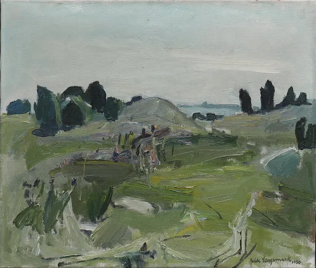ERIK LANGEMARK. "Badstranden", signerad och daterad 1950.