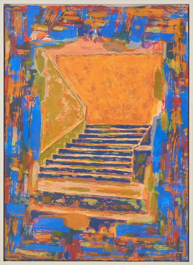 ROLF HANSSON. (F. 1953)." Runt om trappa I", färglitografi, signerad och numrerad.