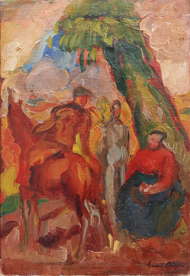 EMIL  OLSSON. OLJA PÅ DUK, "STUDIE TILL UNDER VÅRDTRÄDET II", SIGNERAD.