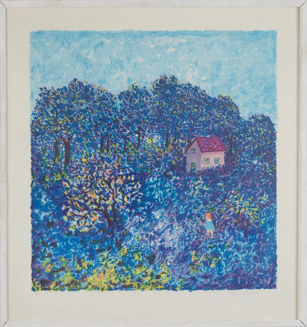 KARIN OLSSON. "Flicka i skogen", färglitografi, signerad, provtryck. — Engravings & Prints — Stockholms Auktionsverk Magasin 5