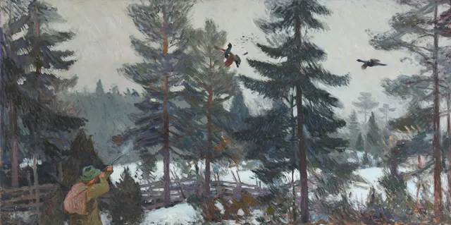 HARALD WIBERG. jägare i skog, olja på pannå.