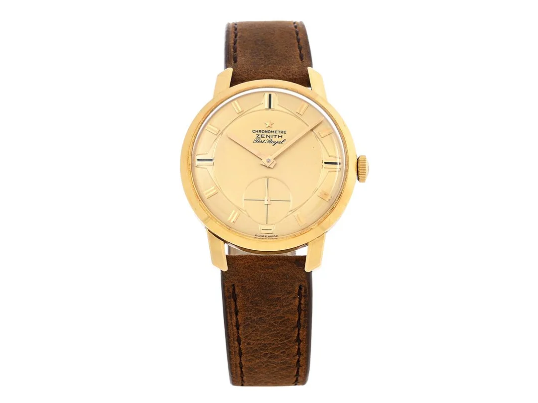 ZENITH, Port Royal, Chronometre, Cal 135, Serie nr. 4518530, Boett nr. 687770, herrur, 36 mm, 18K guld, manuell, plexiglas, liten sekundvisare, läderband, chronometercert, ca 1957, box. — Klockor/Zenith — Kaplans