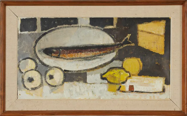 BIRGER HALLING (1907-1996): "Rökt sill mm", monogramsignerad BH, olja på duk på pannå.