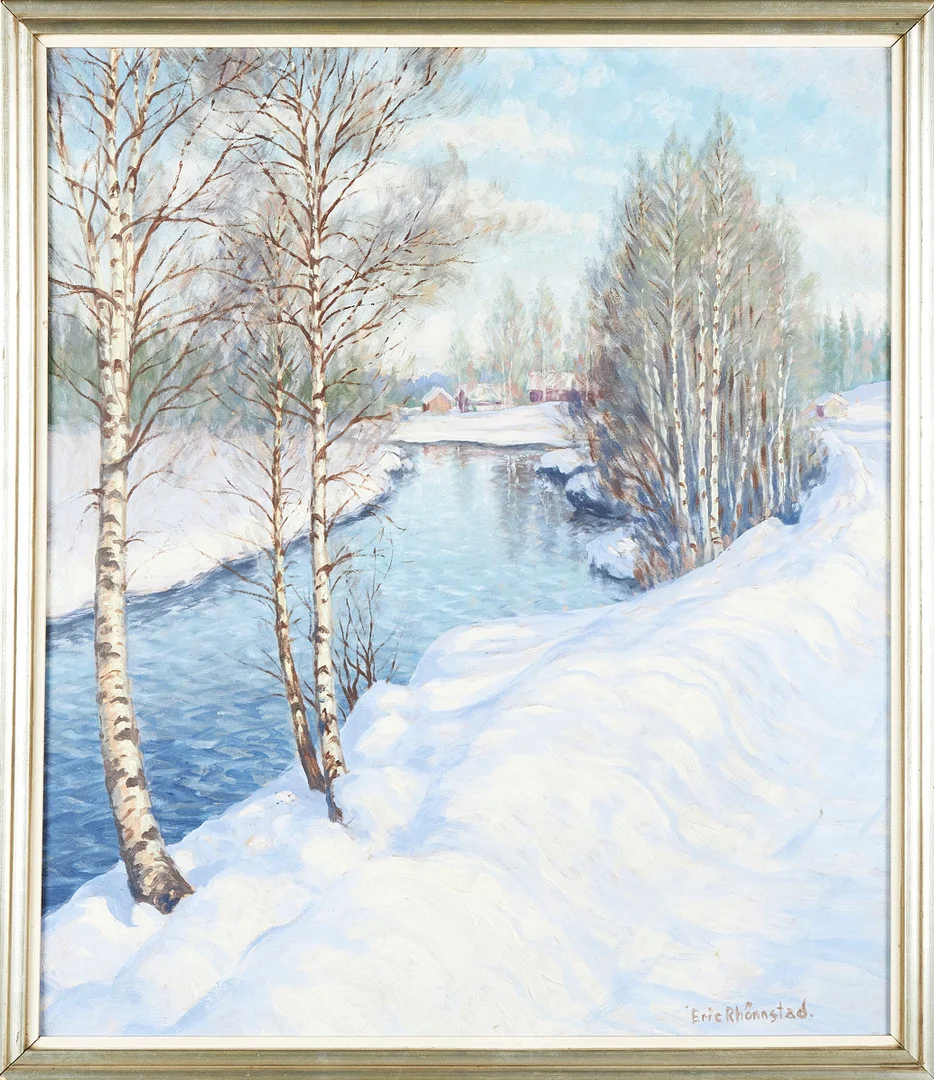 ERIC RHÖNNSTAD (1909-1980). Vinterlandskap, signerad, olja på pannå. — Paintings — Stockholms Auktionsverk Sickla