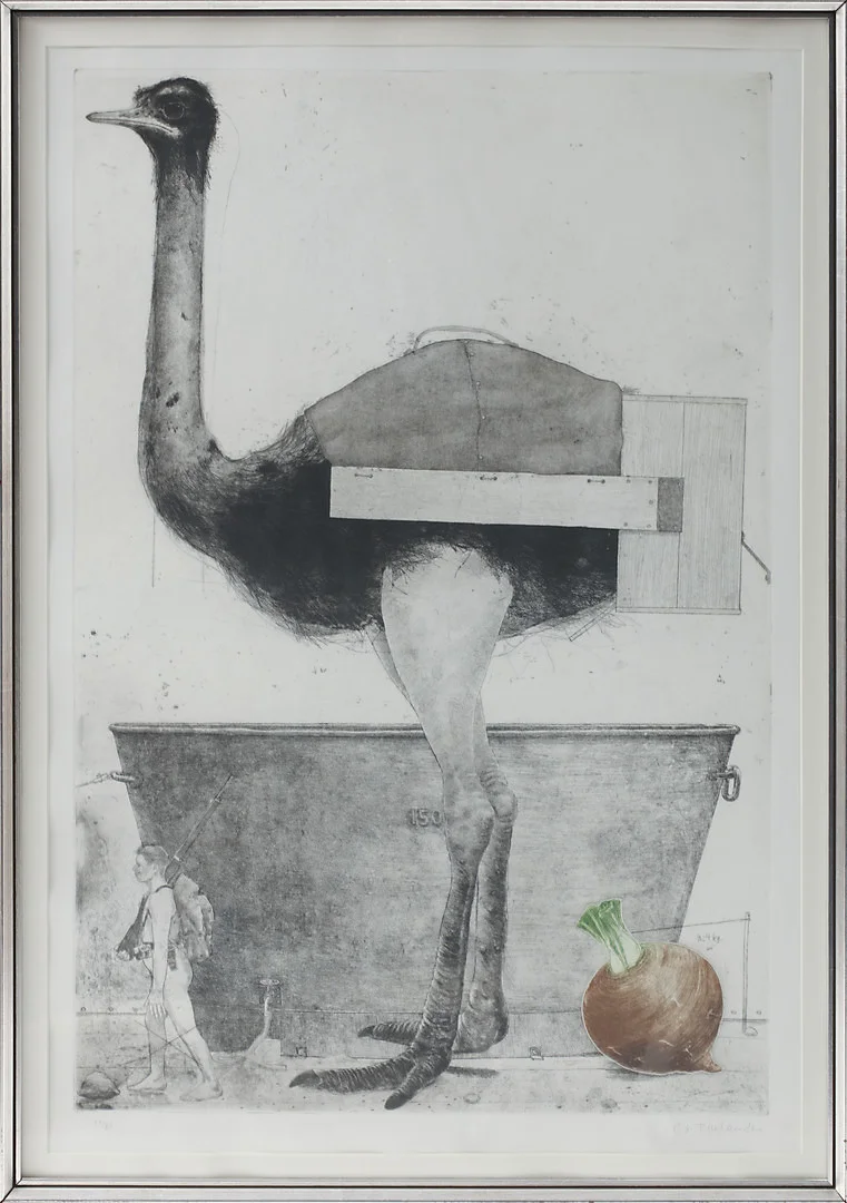 PÄR GUNNAR THELANDER. "Europeiska strutsar III". Färgetsning, signerad och numrerad 27/80. Utförd 1979. — Engravings & Prints — Göteborgs Auktionsverk