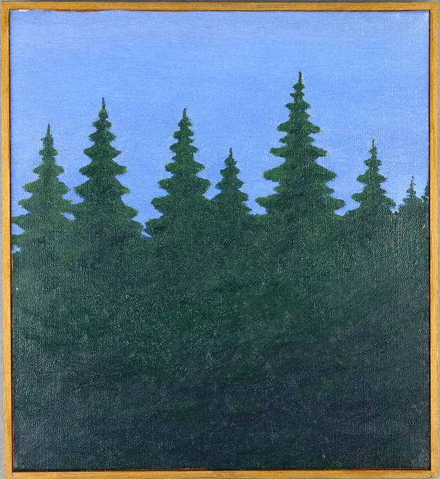HANS LINDGREN. Olja på duk, granskog mot blå himmel, signerad.