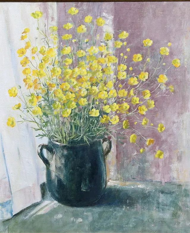 GUNNAR CLOVÉN. Smörblommor i kruka. Olja på duk, signerad.