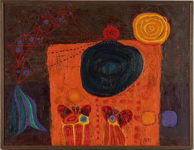 ARDY STRÜWER. Olja på duk, "Bild av Hundertwasser med drakar på Mälby", signerad och daterad Ardy Mälby sommar 1965.