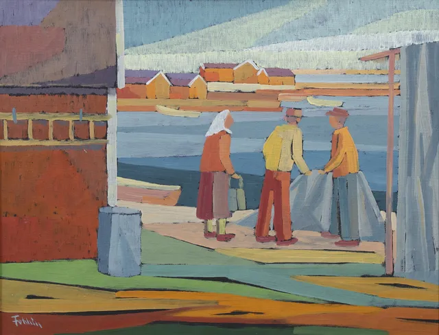 GUNNAR FOHLIN. Arbete i fiskehamnen, olja på duk, signerad.