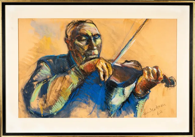 LARS MATSON. Blandteknik på papper, Violinist, Signerad och daterad 1962.