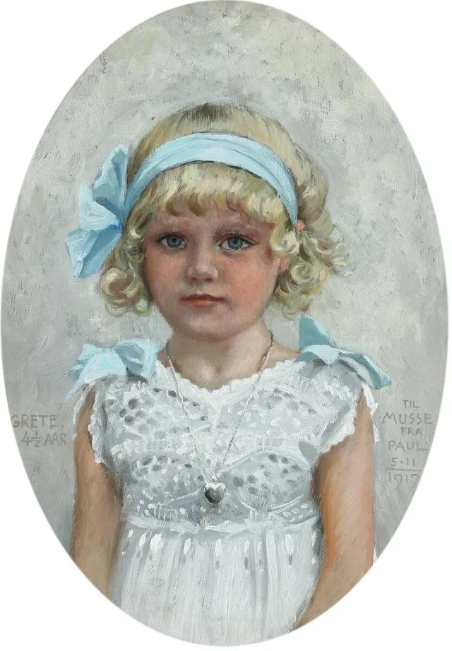 Portrait of the artist's daughter, Grete. Signed and dated, with dedication to the wife of the artist “Grete 4 1/2 Aar, til Musse fra Paul 5–11-1917” 1917. Oil on panel. 48.5×35 cm.
