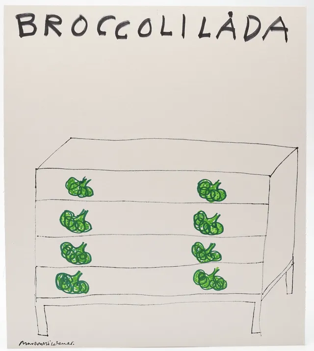 MARTIN MÖLDENER. "Broccolilåda", tusch på passepartout, signerad.