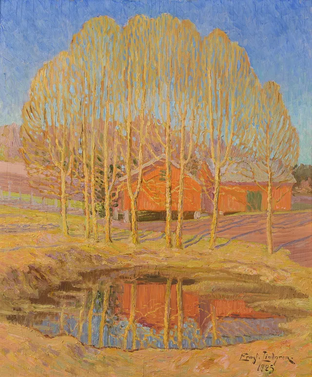 ERNST LINDGREN. Lantligt motiv, olja på pannå, signerad och daterad 1925.