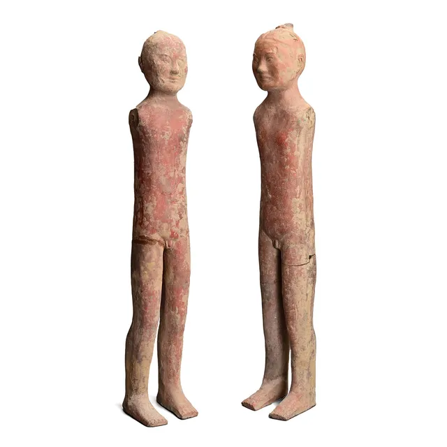 TWO CHINESE PAINTED POTTERY STICK FIGURES, HAN DYNASTY (206 BC - 220 AD).