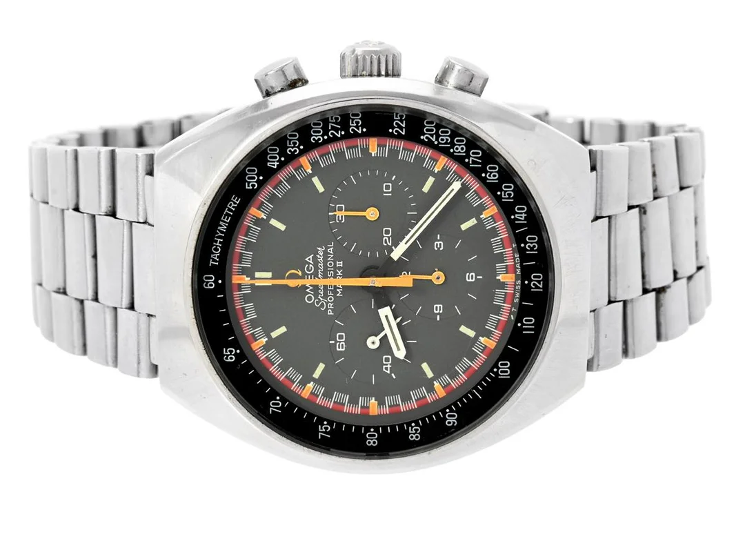 OMEGA, Speedmaster Professional, Mark II (T Swiss Made T), "Tachymetre", s.k. "Racing Dial", Cal 861, Serie nr. 32191791, Ref nr. ST 145.014, Boett nr. 145.014, kronograf, herrur, 41,5 mm, stål, manuell, mineralglas, originallänk, viklås, Ref nr. 1162/173, ca 1971. — Klockor/Omega — Kaplans