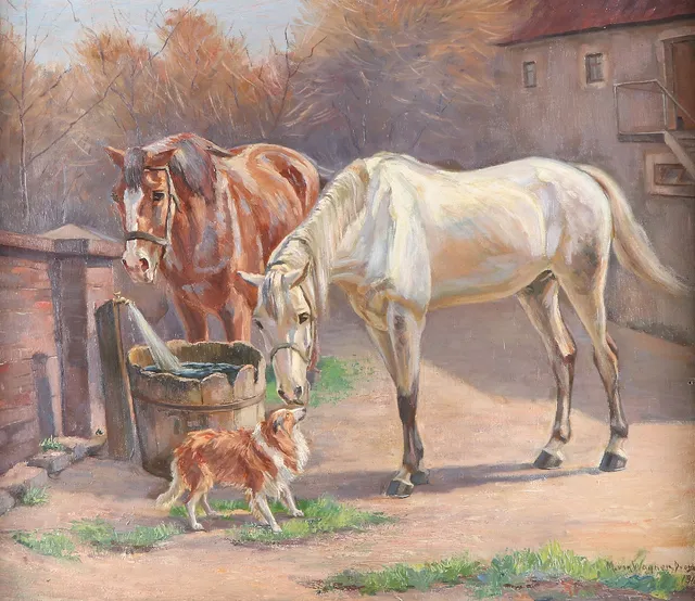MELANIE VON WAGNER. Oljemålning på duk. Hästar och hund. Signerad: M. von Wagner, Dresden 1916.