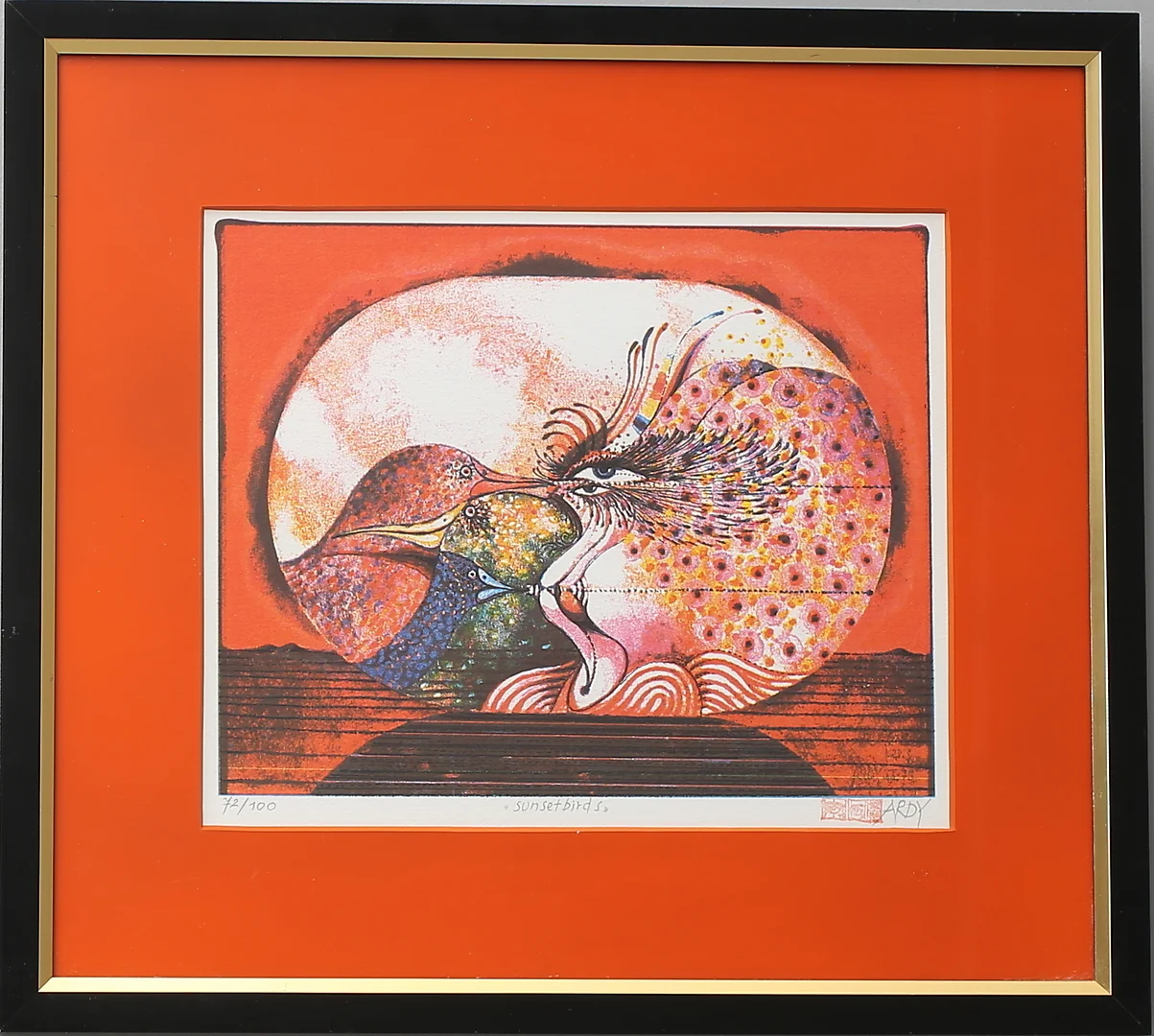 ARDY STRÜWER. "Sunsetbirds". Färglitografi, signerad och numrerad 72/100. — Engravings & Prints — Växjö Auktionskammare