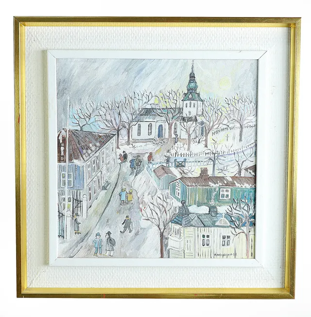 KARIN WOLLERT. Olja på duk, Hudiksvalls kyrka och västra tullgatan, signerad.