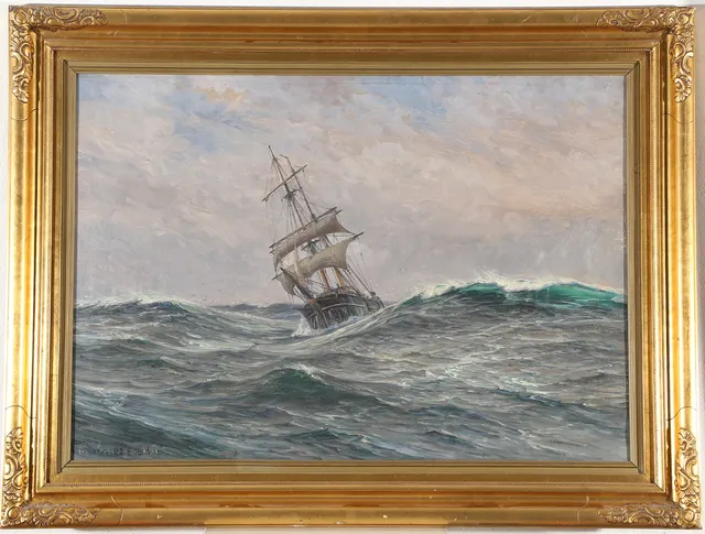 VILHELM ARNESEN (DANMARK, 1865-1948). Marine med sejlskib i høj sø, olie på lærred, 1911.