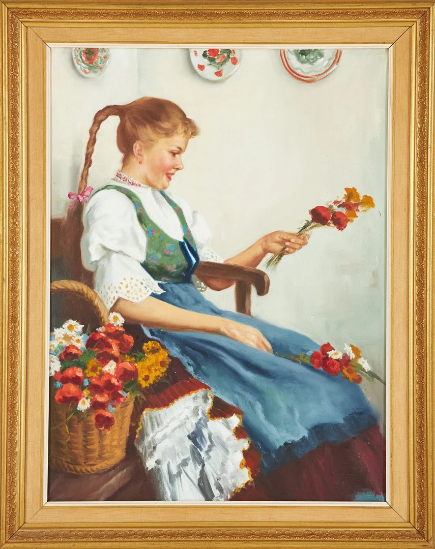 OIDENTIFIERAD KONSTNÄR. Flicka med blomkorg, olja på duk, osignerad. — Paintings — Stockholms Auktionsverk Sickla