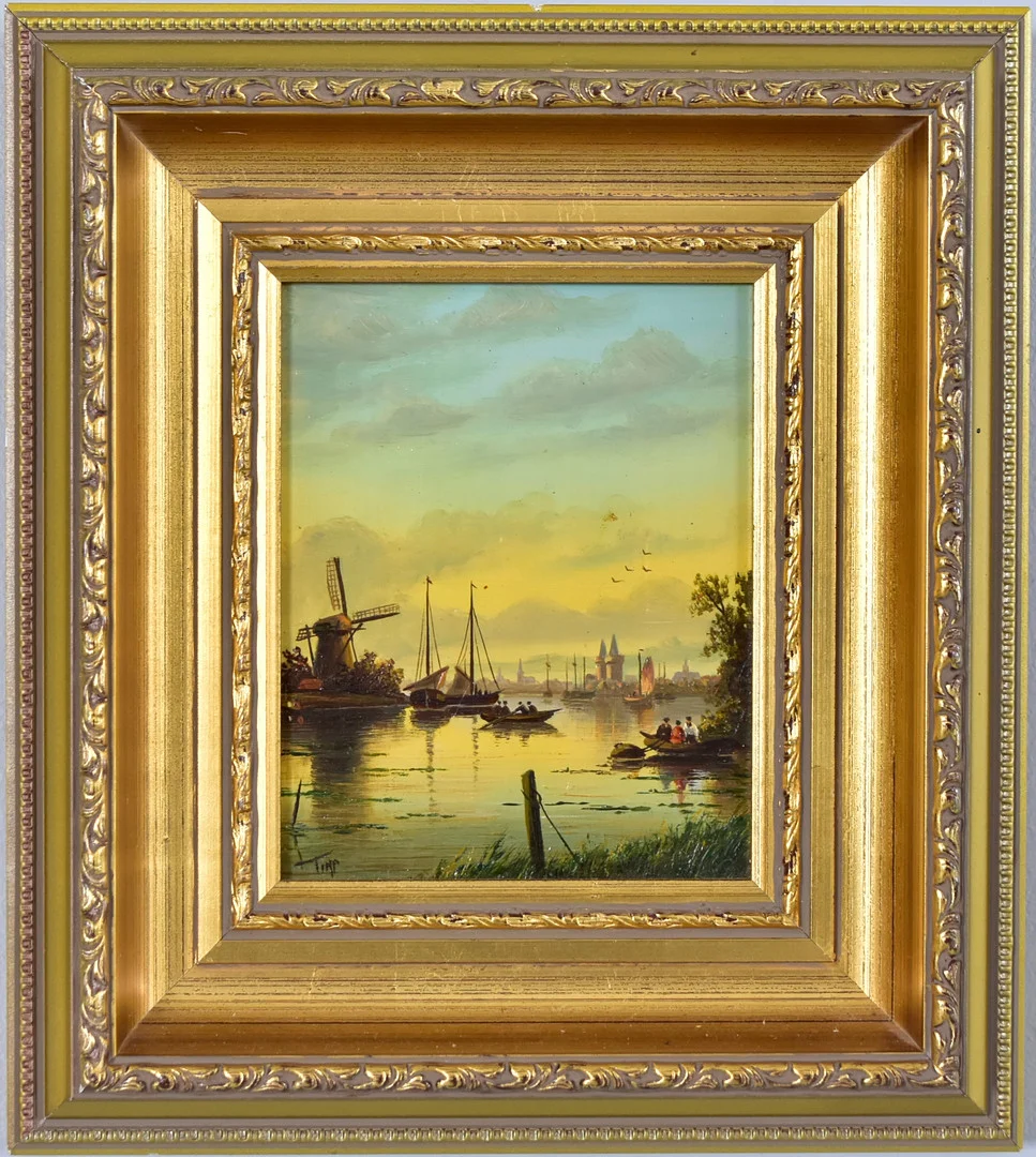 MARCUS TIMB. oljemålning på pannå, hamnbild med vindmölla i sommarsolnedgång. — Paintings — Halmstads Auktionskammare