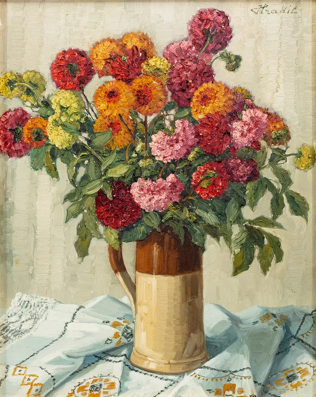 BÉLA HRADIL (1885-1968). Blomsterstilleben, olja på duk, signerad.