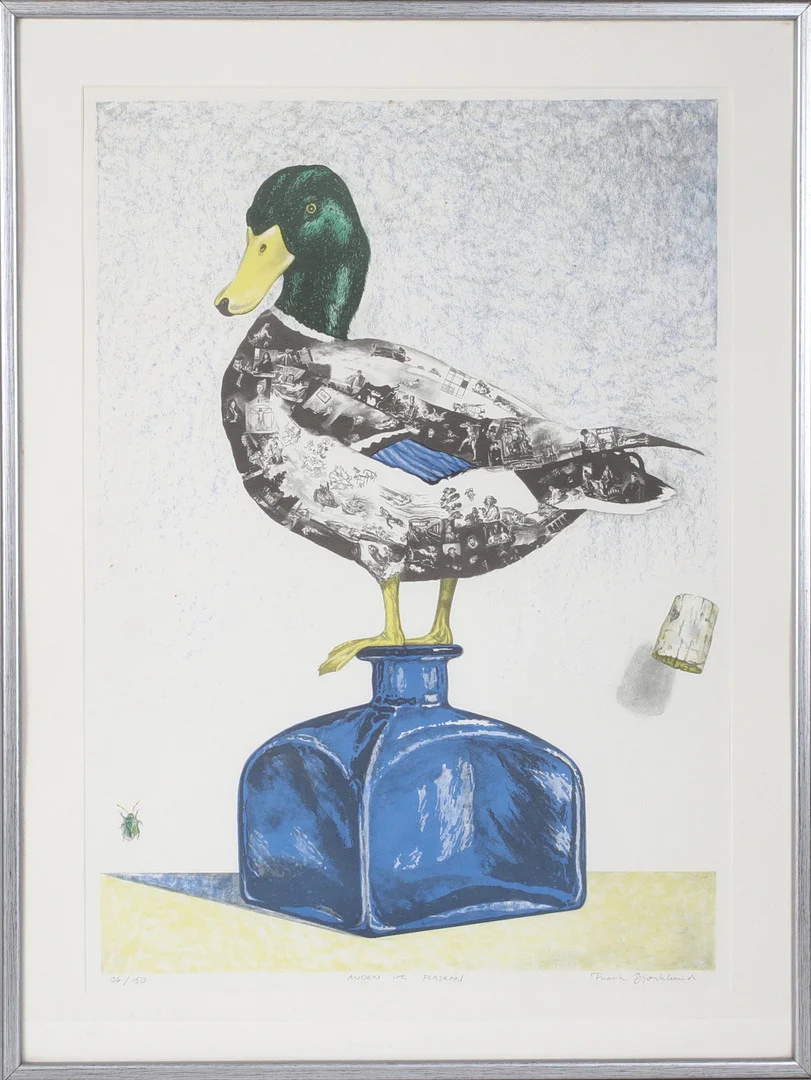 FRANK BJÖRKLUND. "Anden ur flaskan", litografi, signerad och numrerad 36/150. — Engravings & Prints — Stadsauktion Sundsvall