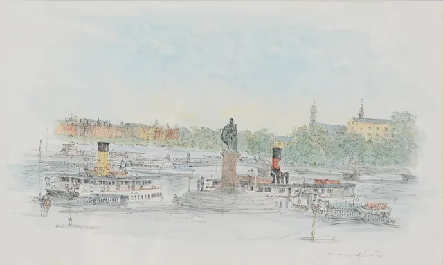 JAN LUNDQVIST. "Skeppsbron", blandteknik med akvarell, signerad.