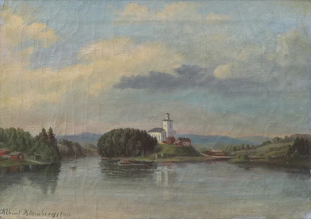 ALBERT BLOMBERGSSON  (1810-1875). JÄRVSÖ KYRKA PÅ KYRKÖN I LJUSNAN.