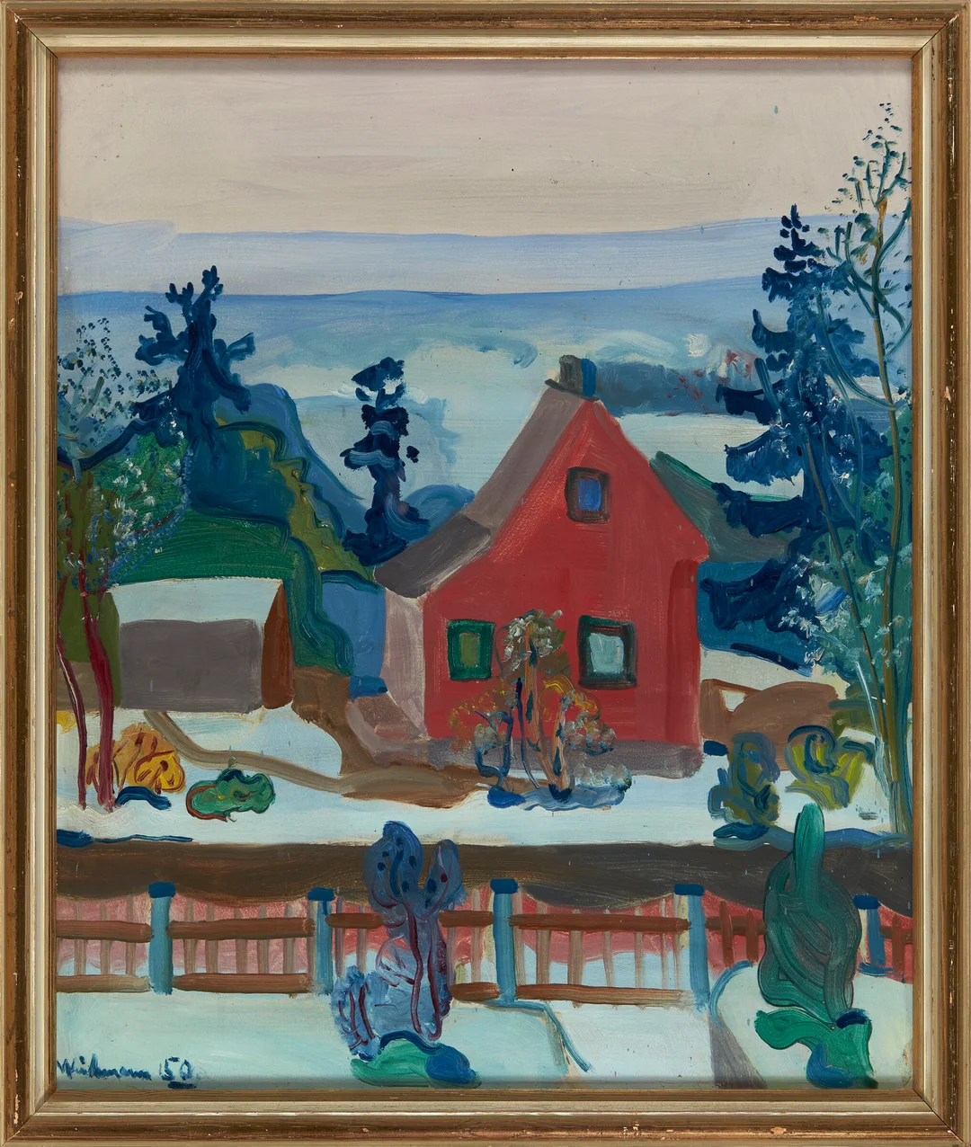 Weidemann, Jakob — Rødmalt hus i vinterlandskap, 1950 — Kunst/Maleri — Blomqvist