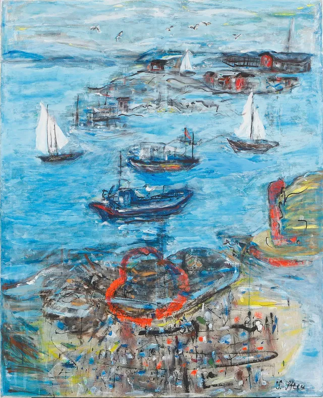 YNGVE STÉEN. Kustbild med båtar. Akryl på duk, signerad.