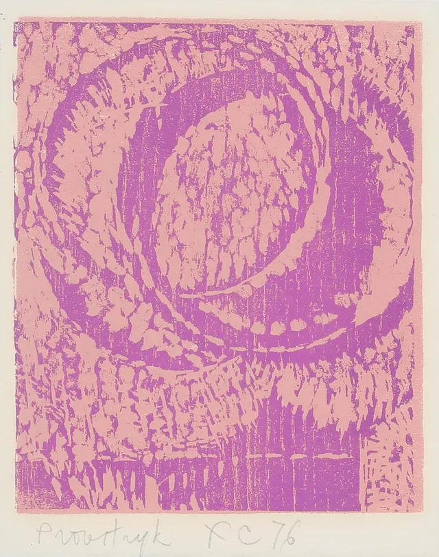 Untitled. Signed FC 76. Woodcut in colours. Visible size 23×18.5 cm.