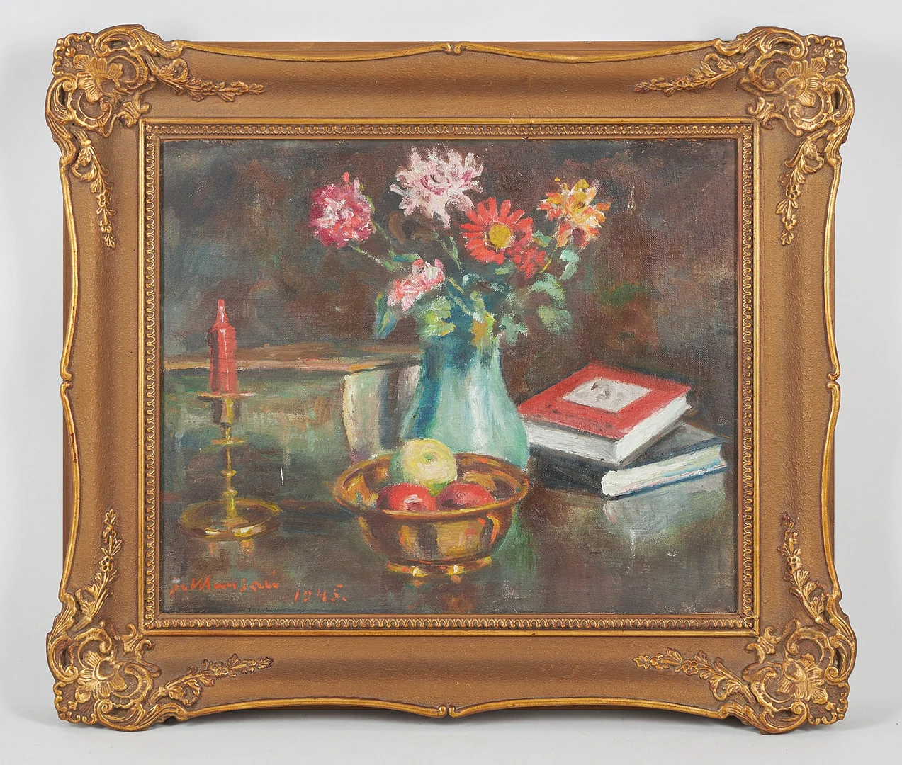 JANNE MUUSARI. Stilleben, signerad samt daterad 1945, olja på duk, uppfodrad på pannå. — Paintings — Stockholms Auktionsverk Helsinki